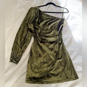 Elegant Olive Green Velvet One-Shoulder Dress